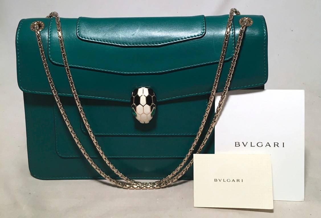 Bulgari Jade Green Leather Jeweled Snake Head Clasp Shoulder Bag 3