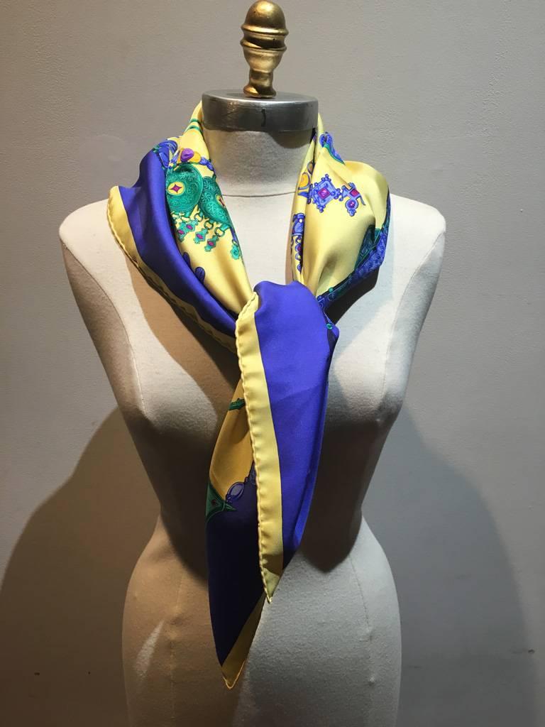 Purple Hermes Vintage Parures des Sables Silk Scarf in Blue and Yellow