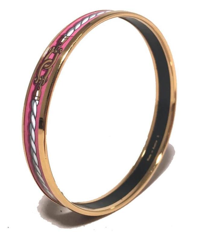 Hermes Gold Pink Rope Print Enamel Thin Bangle Bracelet For Sale at