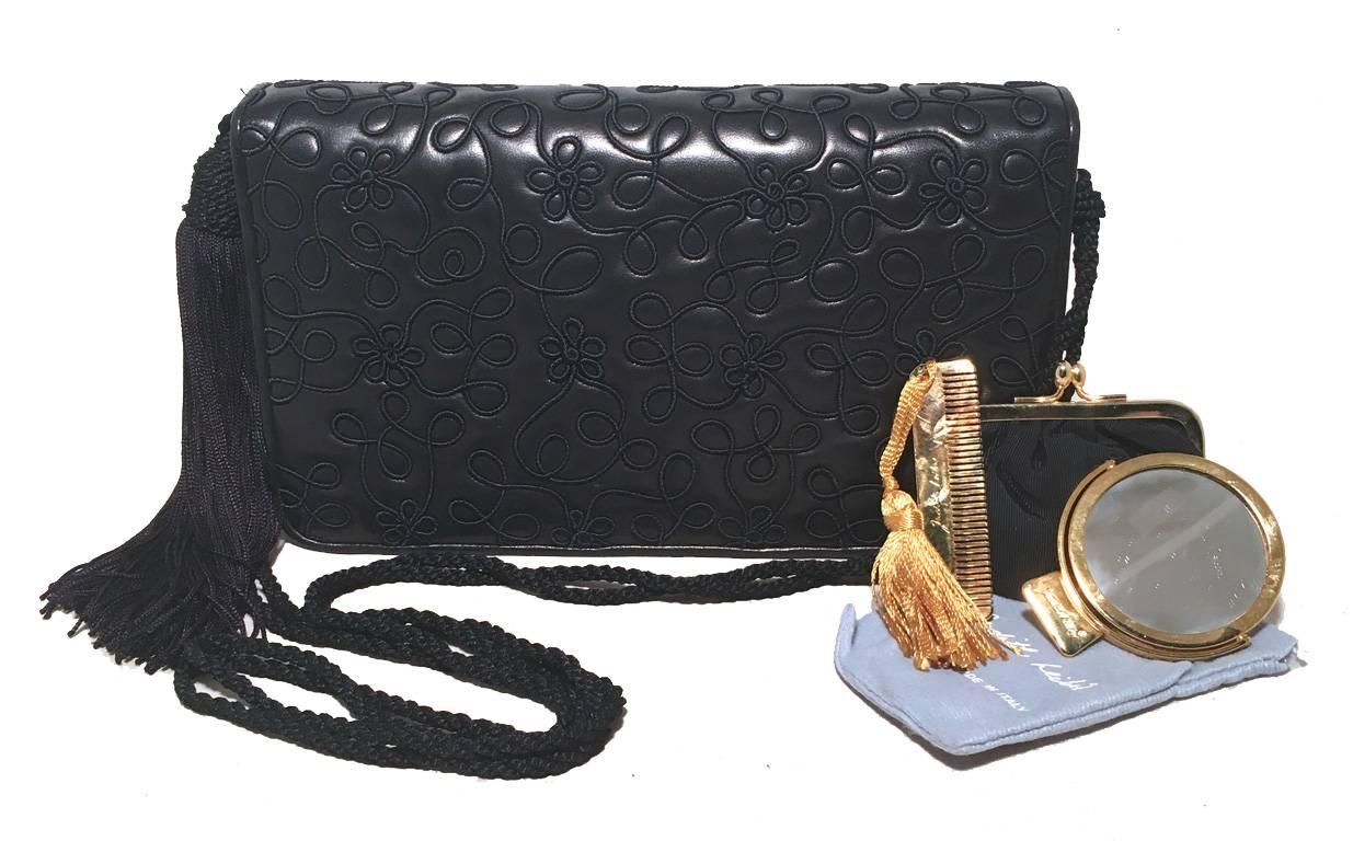 Judith Leiber Navy Blue Embroidered Leather Tassel Clutch 2