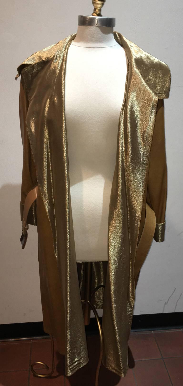 Chanel Tan Leather Gold Lame Lined Long Wrap Trench Coat Size 12 In Excellent Condition In Philadelphia, PA