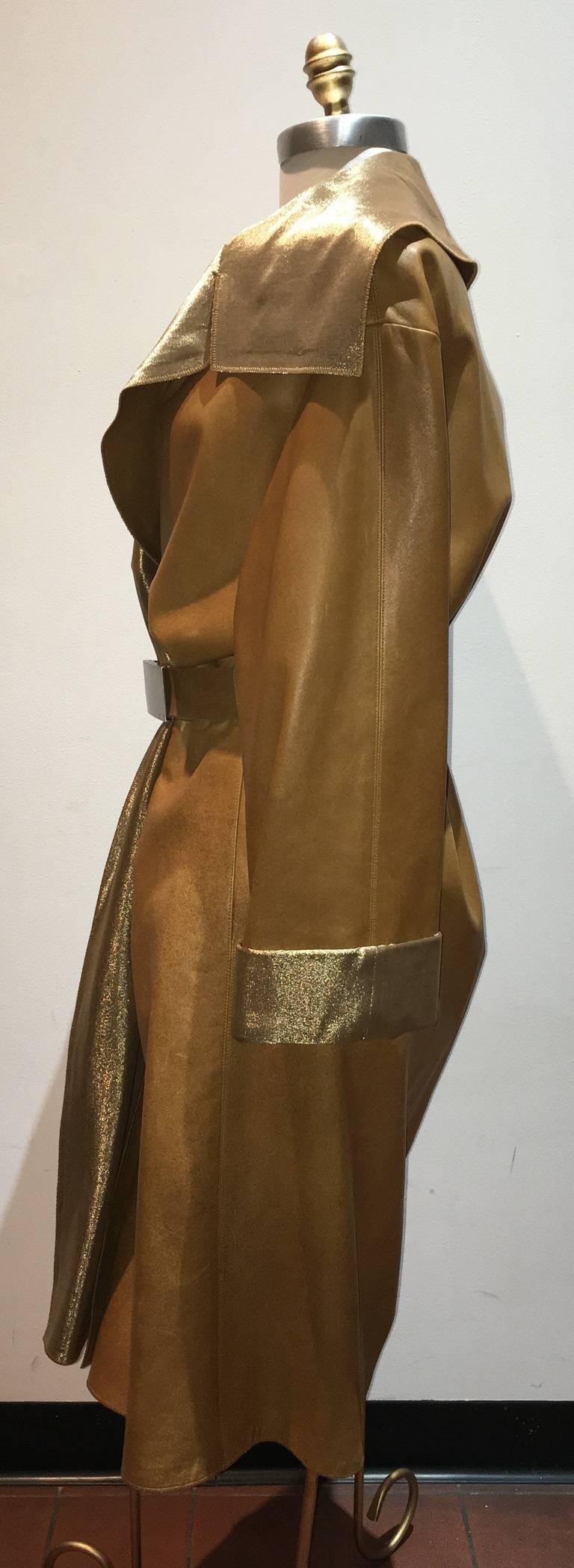 Brown Chanel Tan Leather Gold Lame Lined Long Wrap Trench Coat Size 12