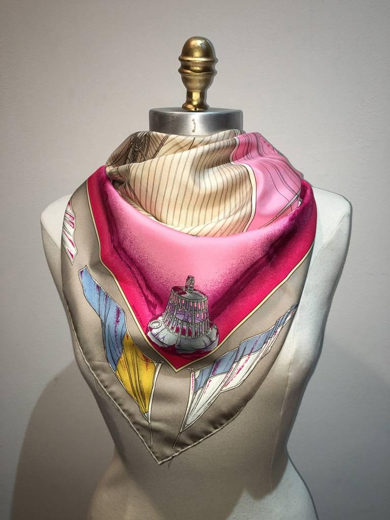Gray Hermes Vintage Vent Portant Silk Scarf in Grey and Pink