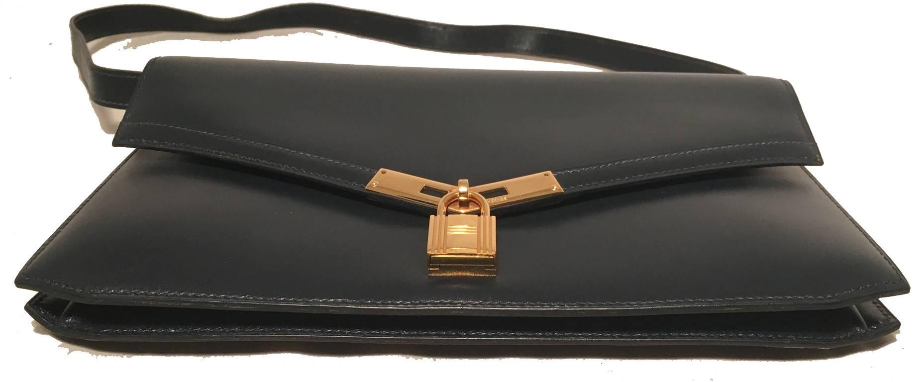 Black Hermes Vintage Navy Blue Leather Kelly Lock Front Flap Shoulder Bag