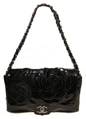Chanel Black Patent Leather Camellia Flower Classic Flap Shoulder Bag