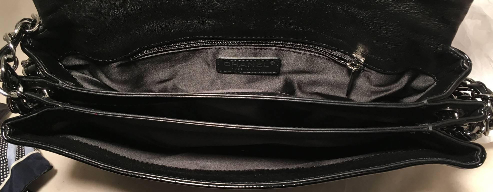 Chanel Black Patent Leather Camellia Flower Classic Flap Shoulder Bag In Excellent Condition In Philadelphia, PA