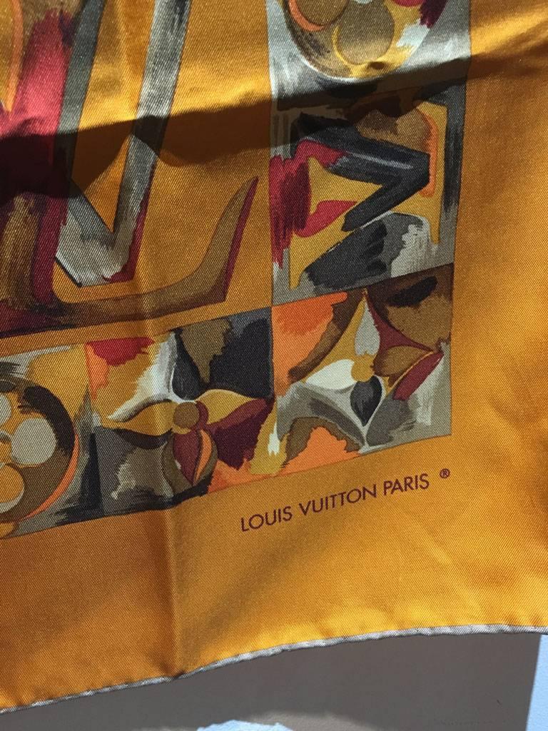 Brown Louis Vuitton Golden Painted Monogram Print Silk Square Scarf