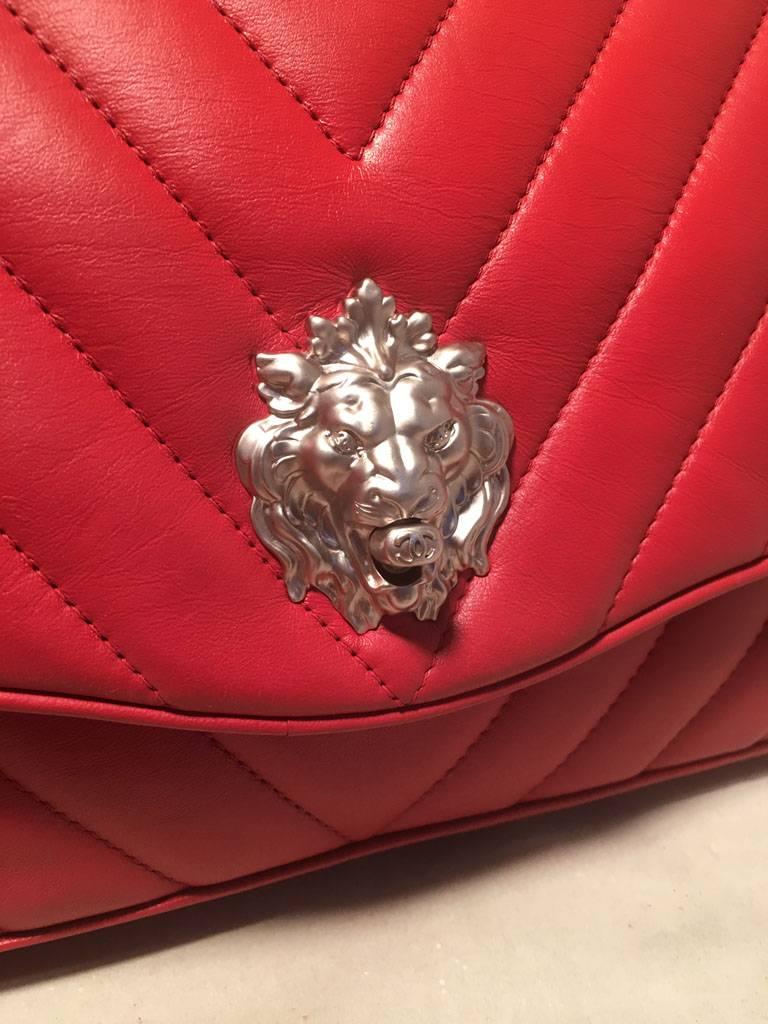 Chanel Red Chevron Quilted Lions Head Classic Flap Shoulder Bag 1