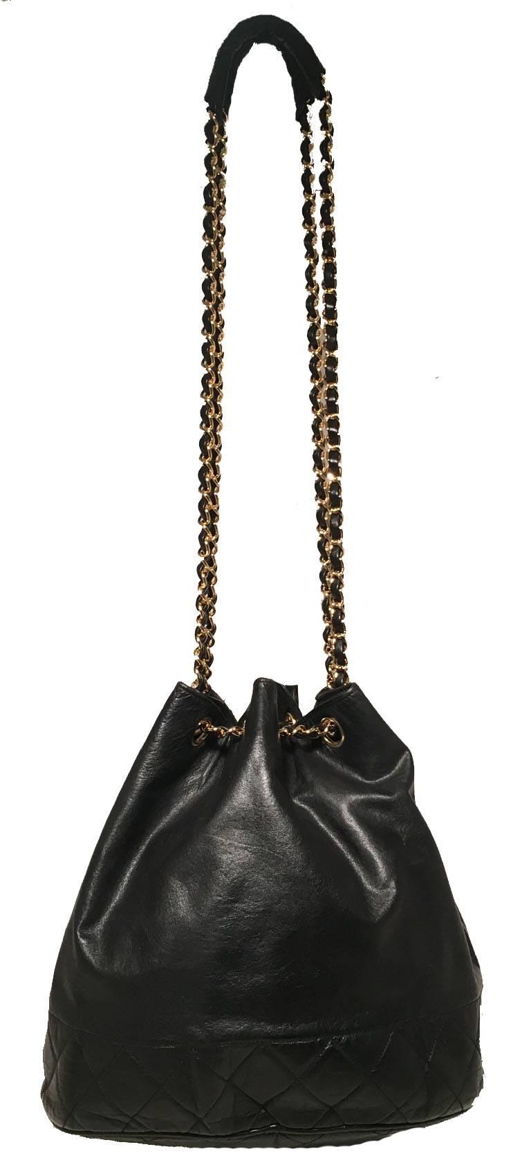 Chanel Vintage Black Leather Drawstring Bucket Shoulder Bag 1