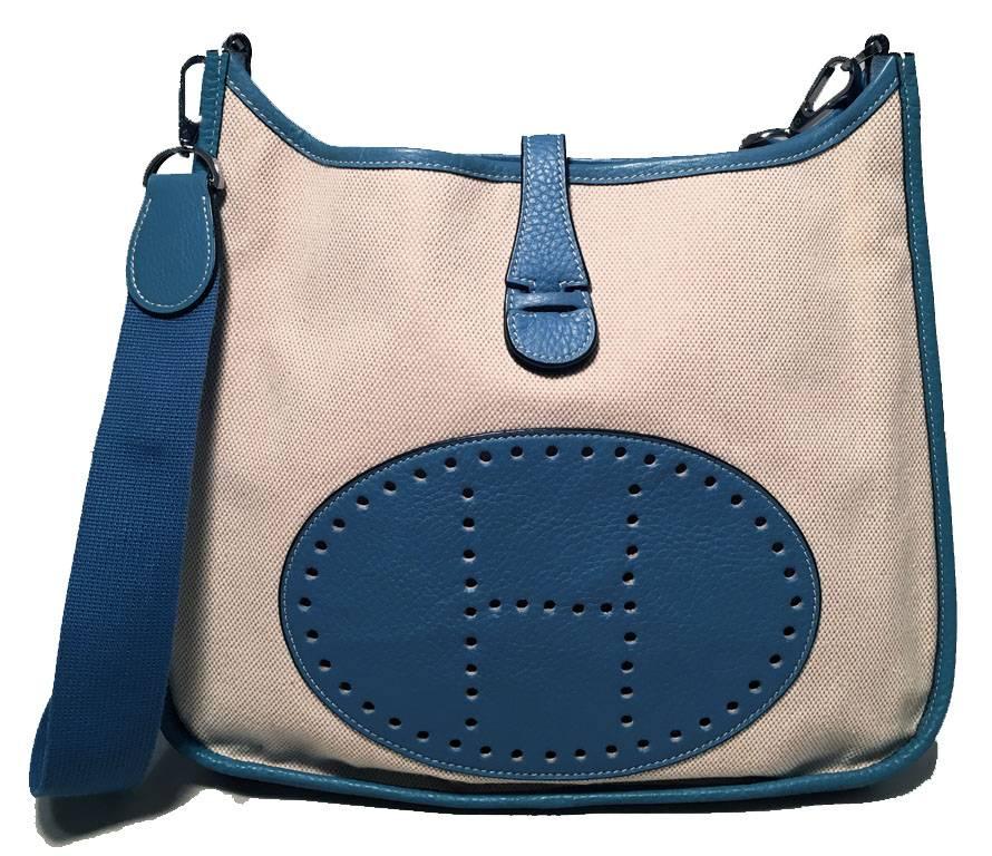 Hermes Toile Canvas and Blue Leather Medium Evelyne II PM Bag  3