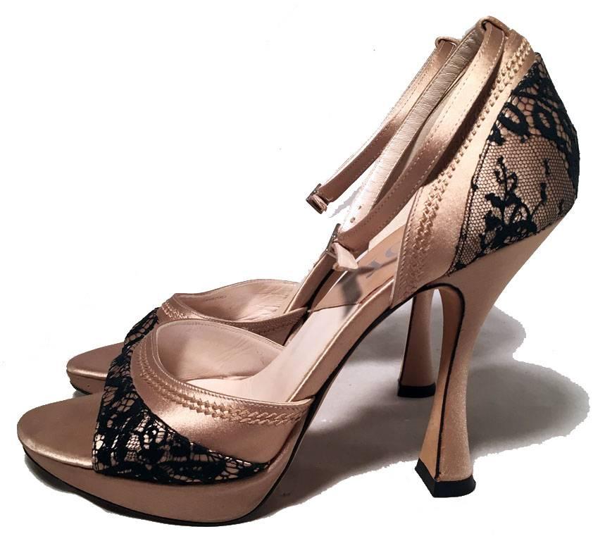 Brown Christian Dior Blush Satin and Black Lace High Heel Ankle Strap Shoes Size 7 For Sale