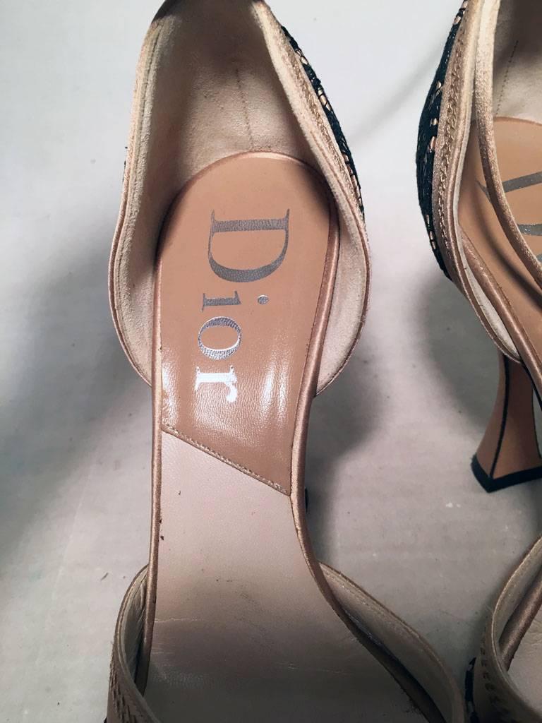 Christian Dior Blush Satin and Black Lace High Heel Ankle Strap Shoes Size 7 For Sale 1