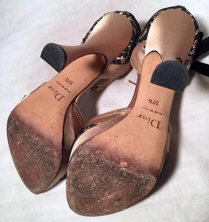 Christian Dior Blush Satin and Black Lace High Heel Ankle Strap Shoes