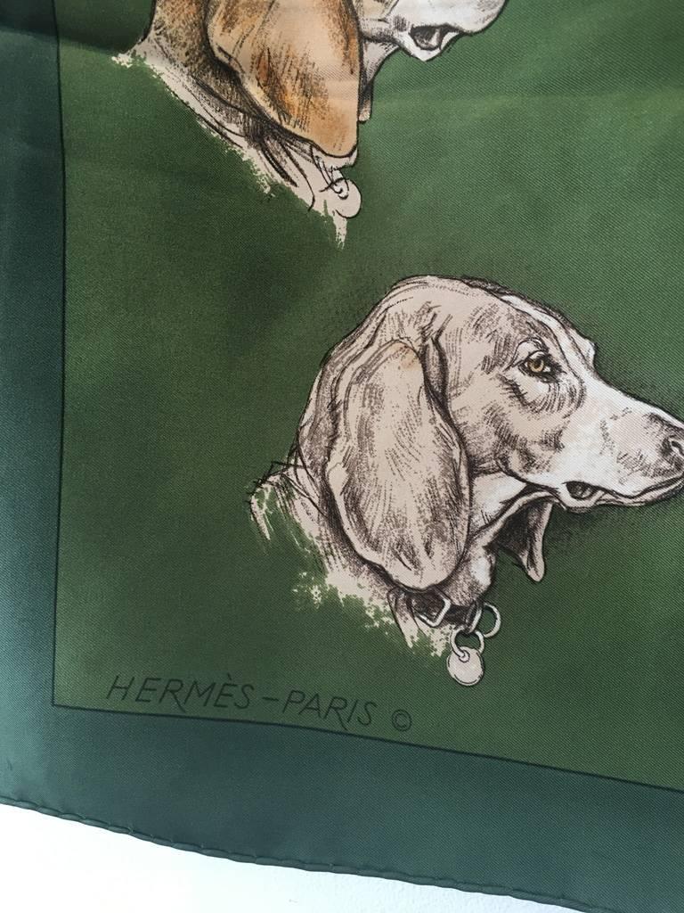 Hermes Vintage Green Monarch Dog Print Silk Scarf c1970s In Excellent Condition In Philadelphia, PA