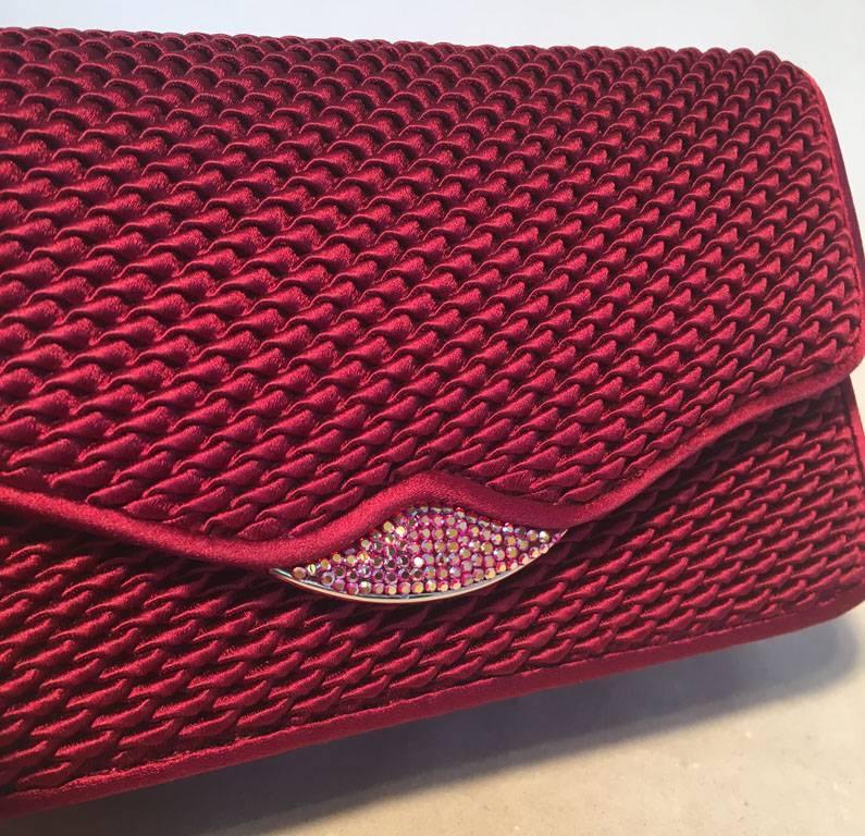 Judith Leiber Dark Red Satin Silk and Swarovski Crystal Evening Bag Clutch In Excellent Condition For Sale In Philadelphia, PA