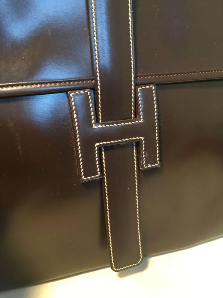 Black Hermes Vintage Brown Box Calf Leather Jige Clutch