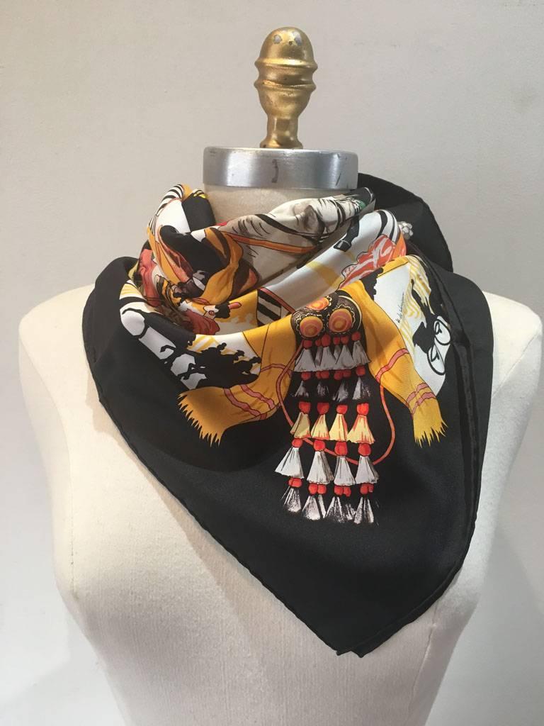 GORGEOUS Hermes Feria de Sevilla silk scarf in black in excellent condition.  Original silk screen design c1996 by Hubert de Watrigant features the festive native cowboys and decor of the annual Sevilla fair.  Rare black colorway. 100% silk, hand