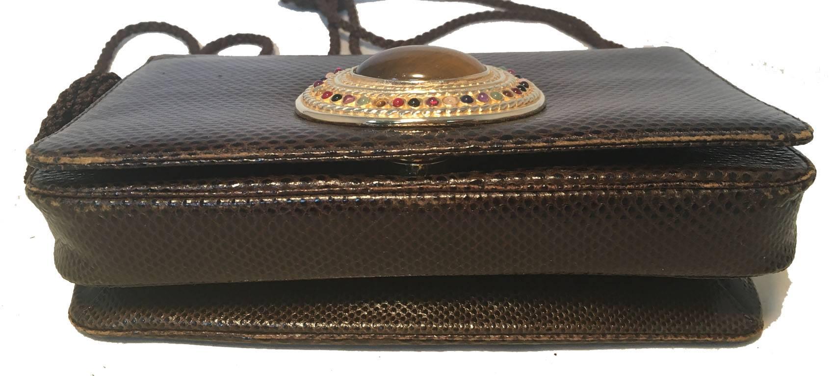 Judith Leiber Brown Lizard Leather Tiger Eye Stone Detail Clutch Shoulder Bag In Good Condition In Philadelphia, PA