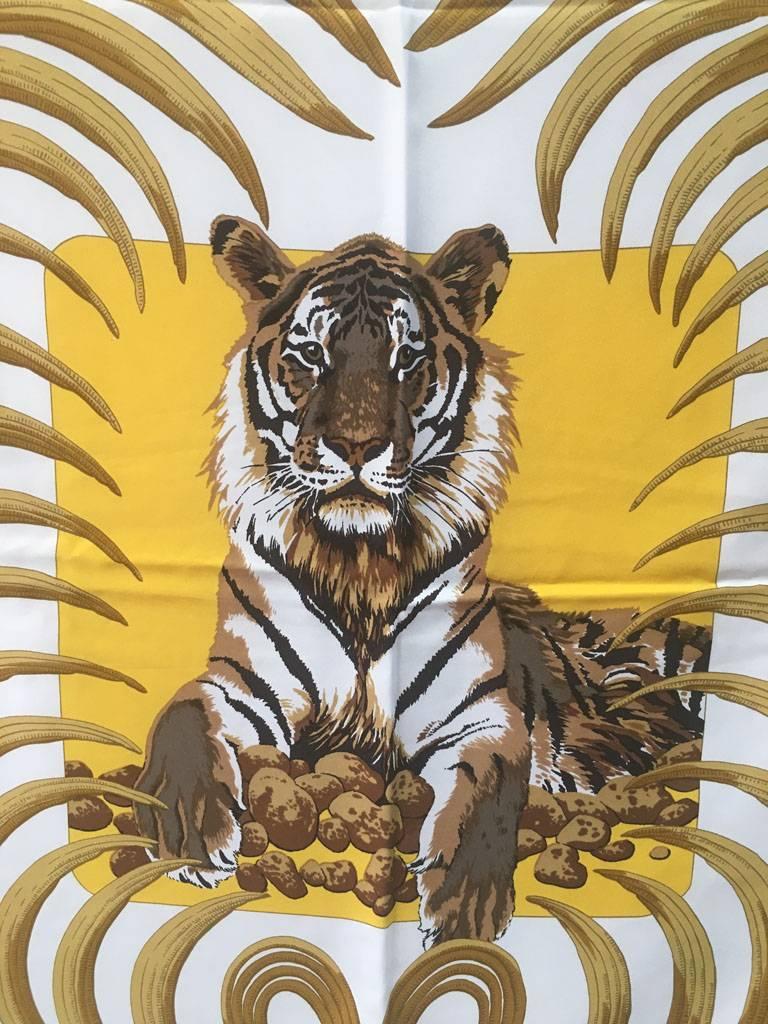 Women's Hermes Vintage Tiger Tigre Royal Silk Scarf in Yellow