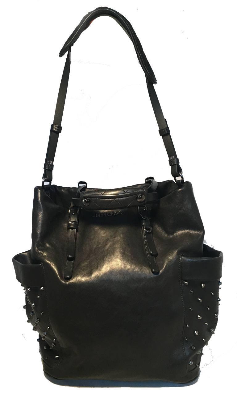 Jimmy Choo Black Leather Studded Shoulder Bag Tote In Good Condition In Philadelphia, PA