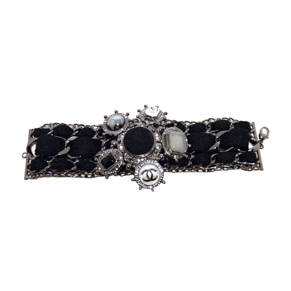 Chanel Black Wool and Gunmetal limited Edition Charm Bracelet  For Sale