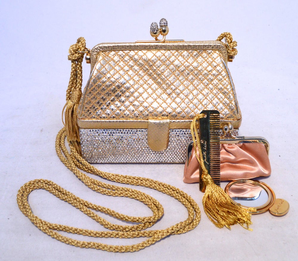 Women's Judith Leiber Gold Leather and Swarovski Crystal Two-tier Evening bag Minaudiere