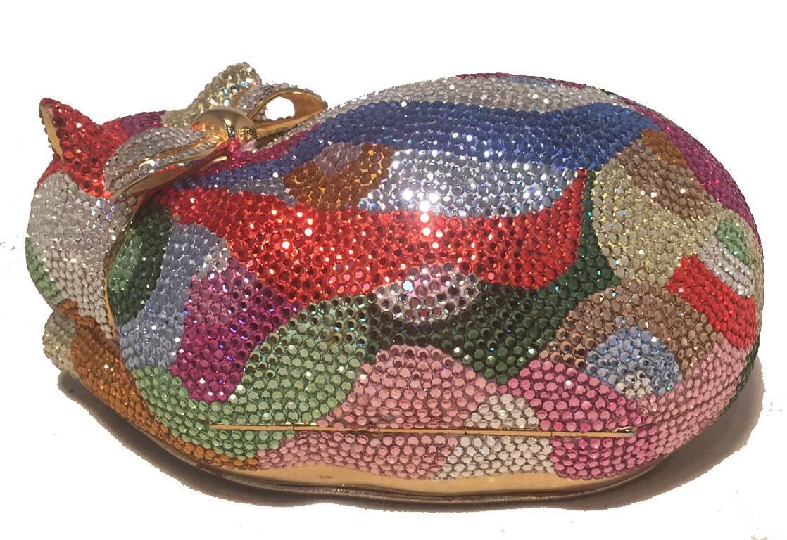 Judith Leiber Swarovski Crystal Colorful Cat Minaudiere Evening Bag In Excellent Condition In Philadelphia, PA