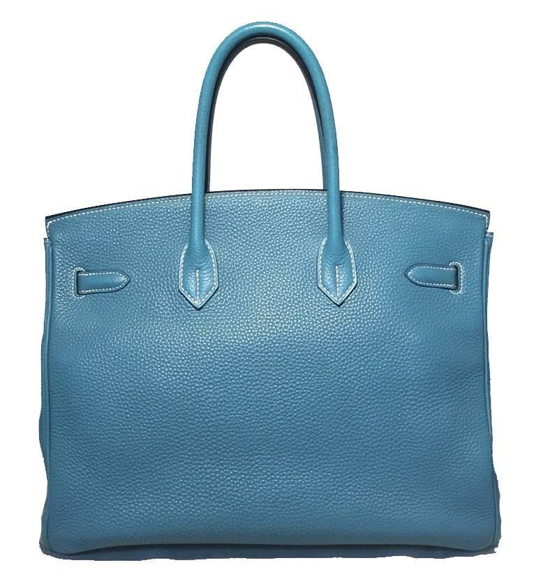 GORGEOUS Hermes Blue jean clemence leather 35cm Birkin Bag in excellent condition.  Blue Jean clemence leather exterior trimmed with silver palladium hardware.  Stamped square L means 2008 production date.  Signature twist, double strap Birkin style