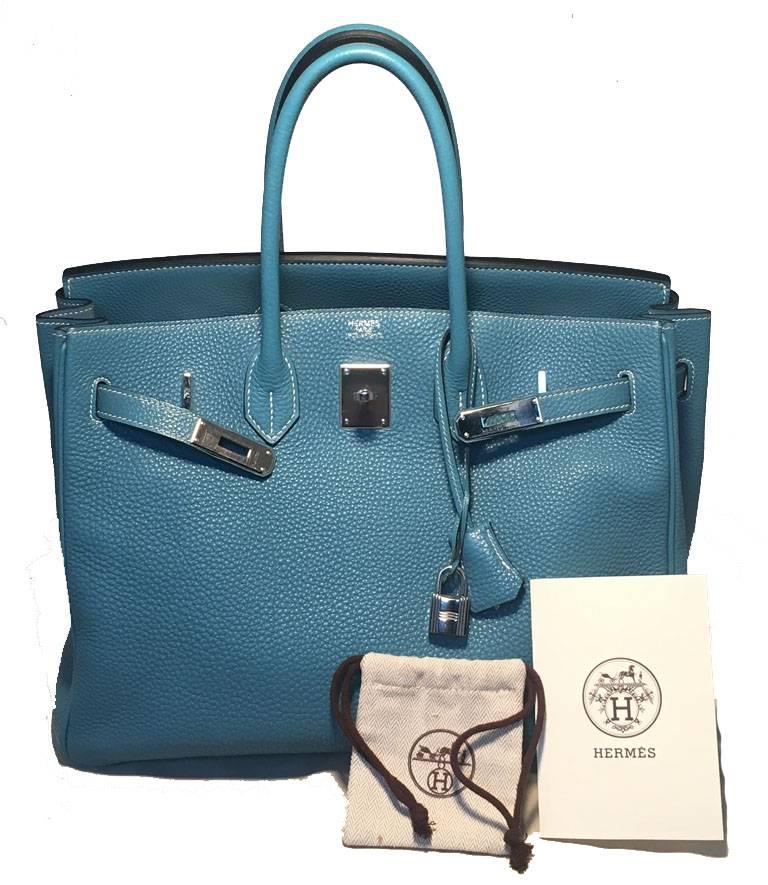Women's Hermes Blue Jean Clemence Leather 35cm Birkin Bag Phw