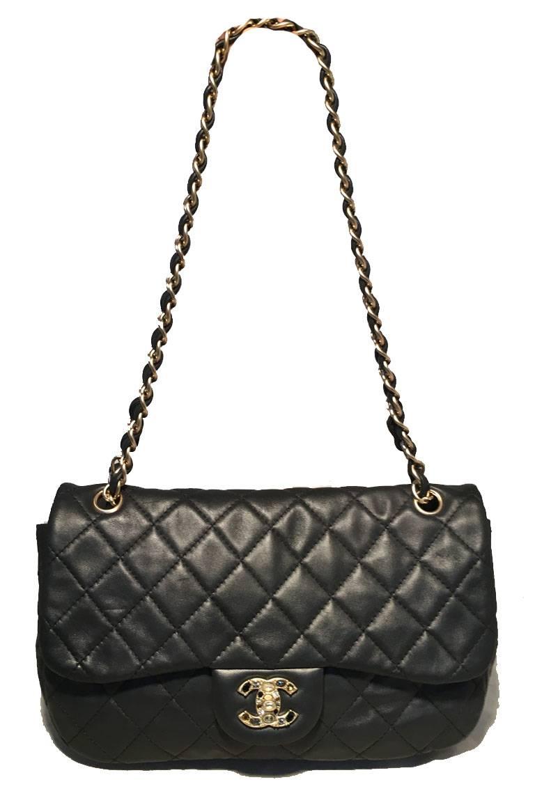 RARE Chanel Quilted Black Leather Gem Logo Closure Classic Flap