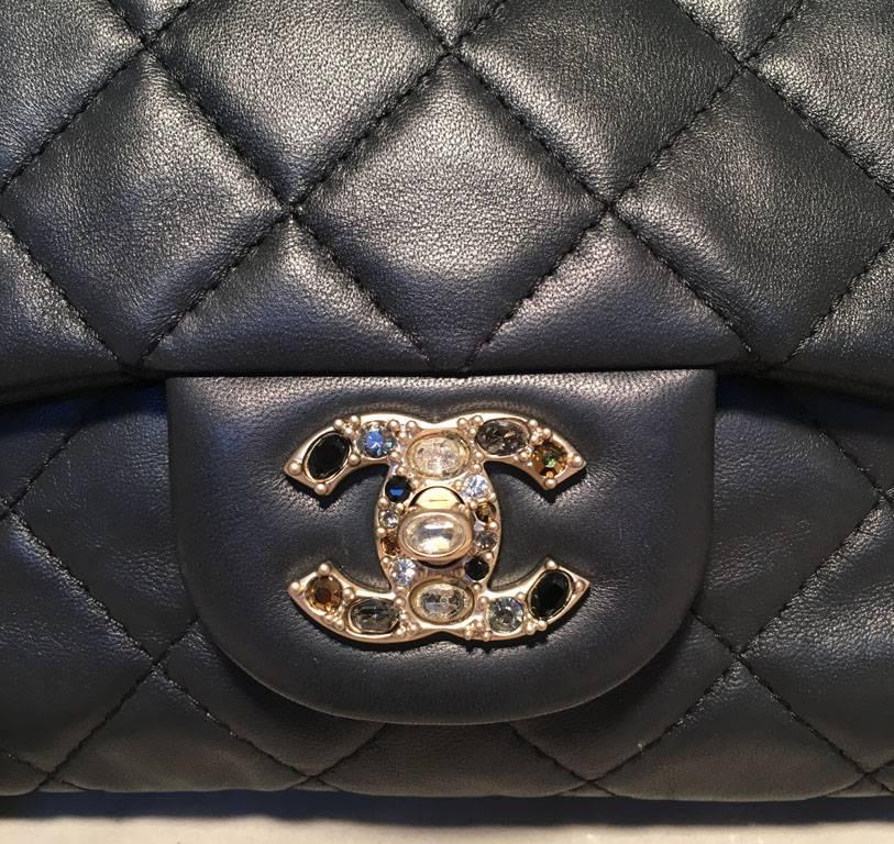 RARE Chanel Quilted Black Leather Gem Logo Closure Classic Flap 1