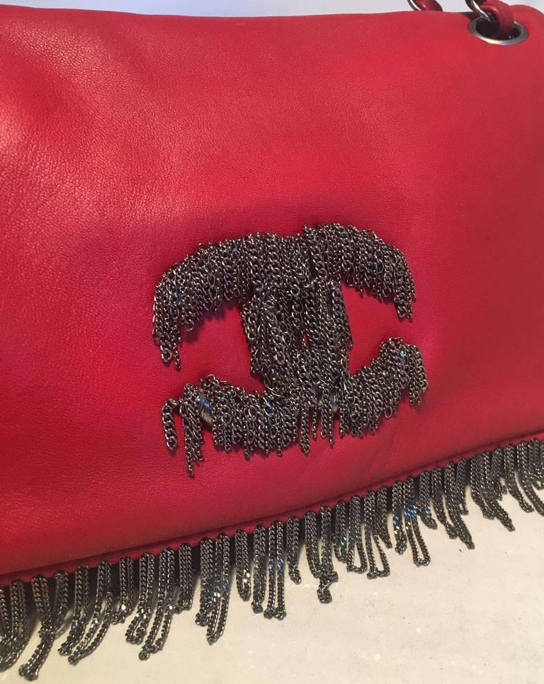 Chanel Red Leather Chain Trim Classic Flap Shoulder Bag 1