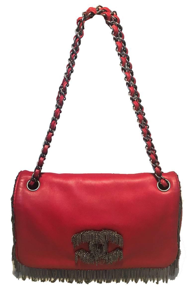 Chanel Red Leather Chain Trim Classic Flap Shoulder Bag 5