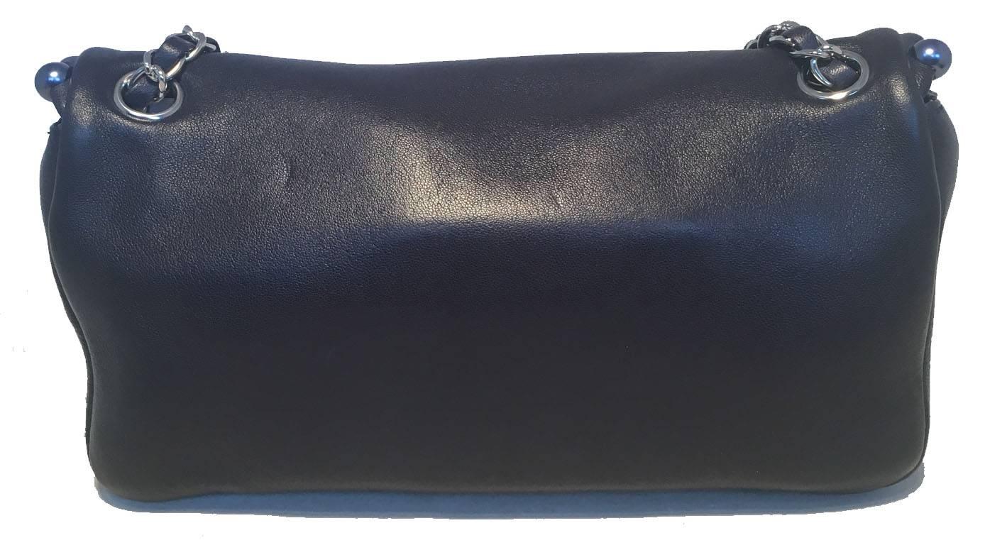 Black Chanel Navy Blue Leather Pearl Trim Flap Bag
