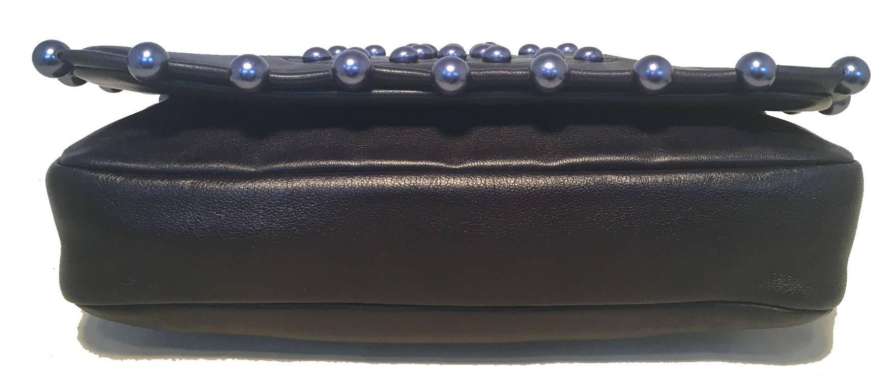 Chanel Navy Blue Leather Pearl Trim Flap Bag In Excellent Condition In Philadelphia, PA