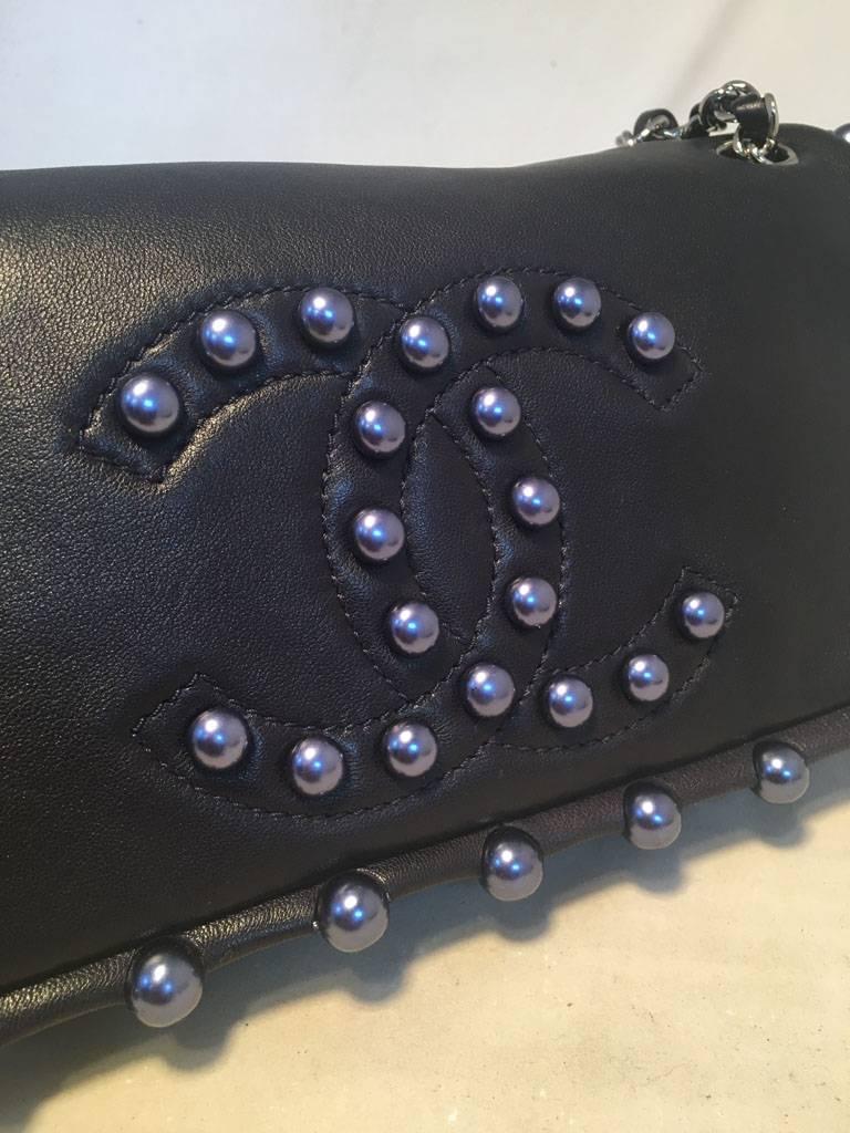 Women's Chanel Navy Blue Leather Pearl Trim Flap Bag