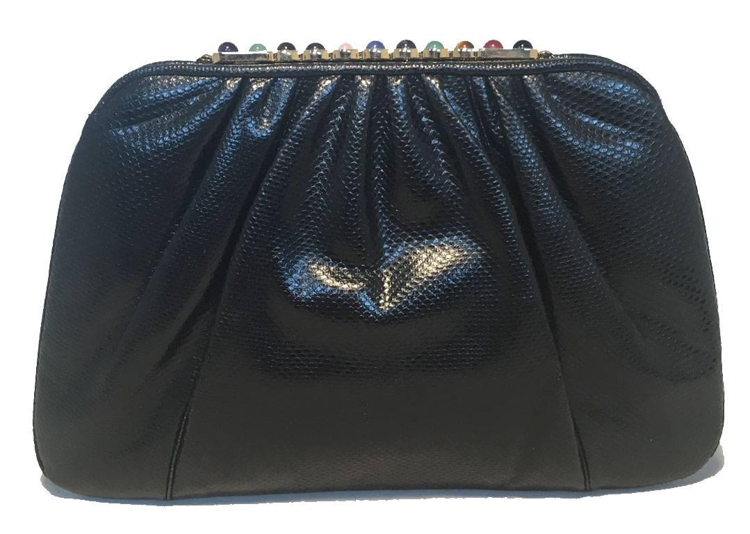 Judith Leiber Black Lizard Round Stone Top Accent Clutch  In Excellent Condition In Philadelphia, PA