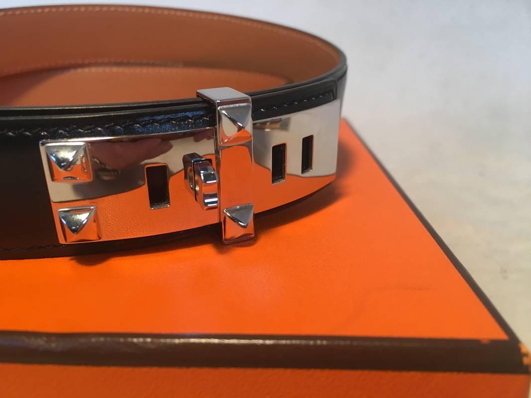 Brown Hermes 90cm Black Box Calf Leather Collier De Chien Belt with Silver PDH 