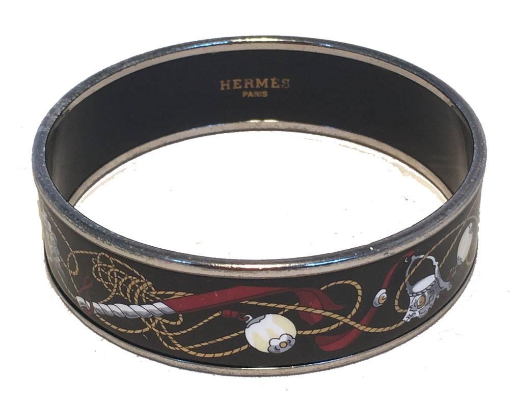 Hermes Vintage Black Printed Bridle and Whip Enamel Bangle Bracelet In Good Condition In Philadelphia, PA