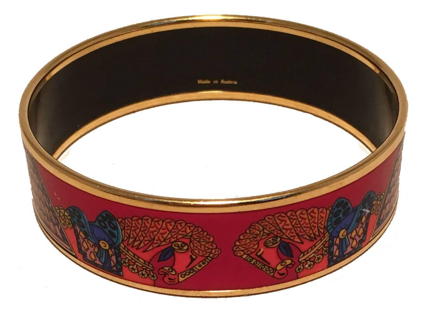 Hermes Red Blue Horse Print Gold Enamel Bangle Bracelet In Excellent Condition In Philadelphia, PA