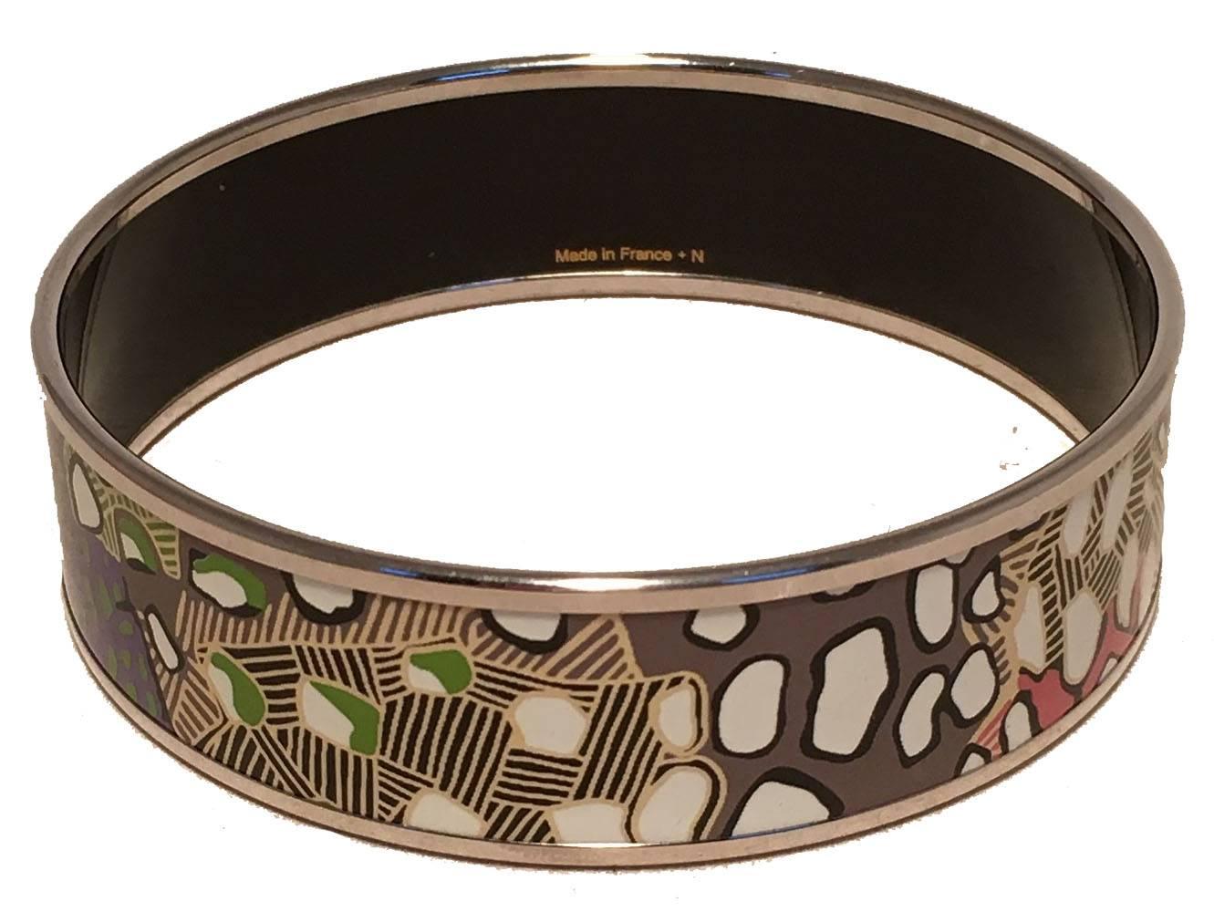 Women's Hermes Multicolor Abstract Print Silver Bangle Enamel Bracelet