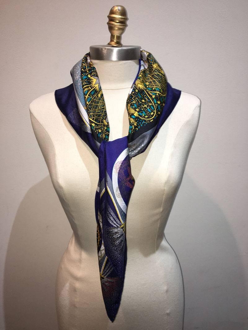 Hermes Vintage Feux D'artifice Silk Scarf in Navy In Excellent Condition In Philadelphia, PA