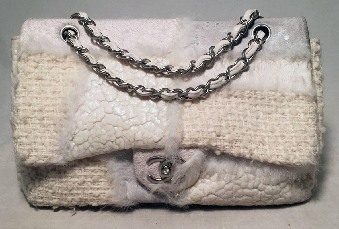 Chanel White Wool and Fur Patchwork Classic Flap Shoulder Bag 2