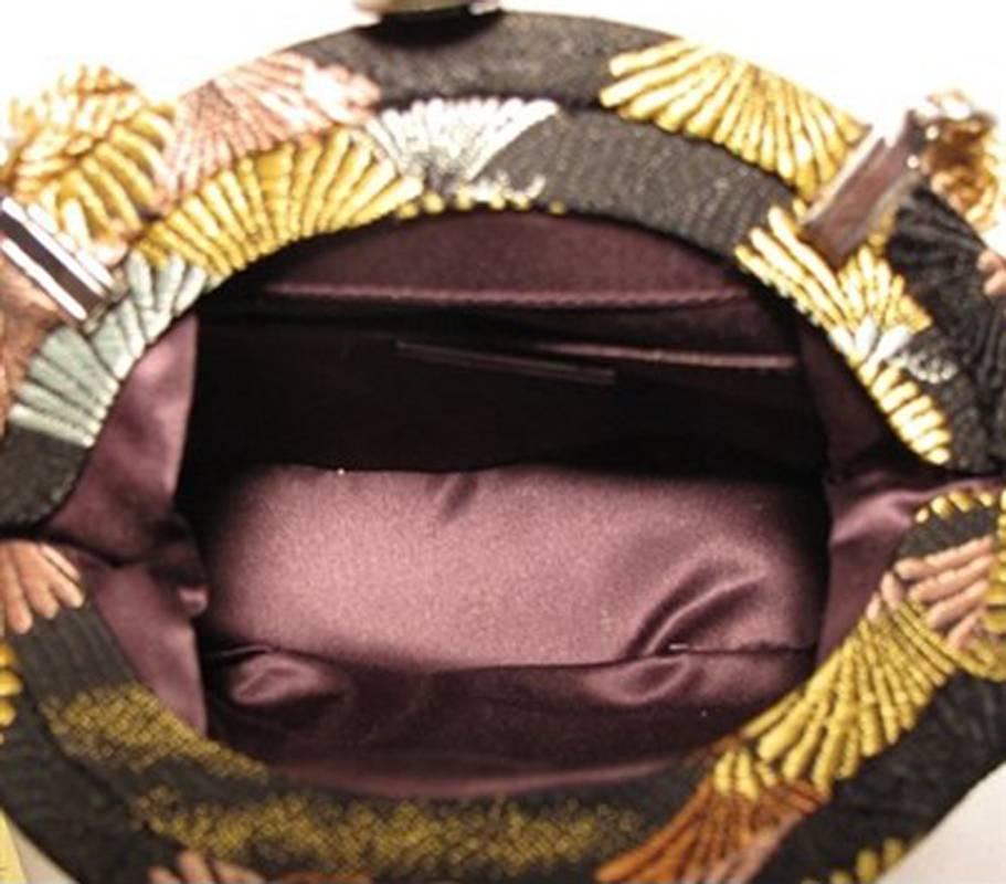 Judith Leiber Embroidered Silk and Swarovski Fan Evening Bag In Excellent Condition In Philadelphia, PA
