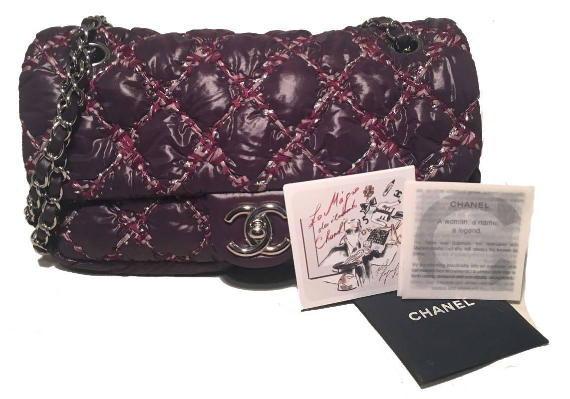 Chanel Plum Purple Quilted Puffy Nylon Classic Flap Shoulder Bag In Excellent Condition In Philadelphia, PA