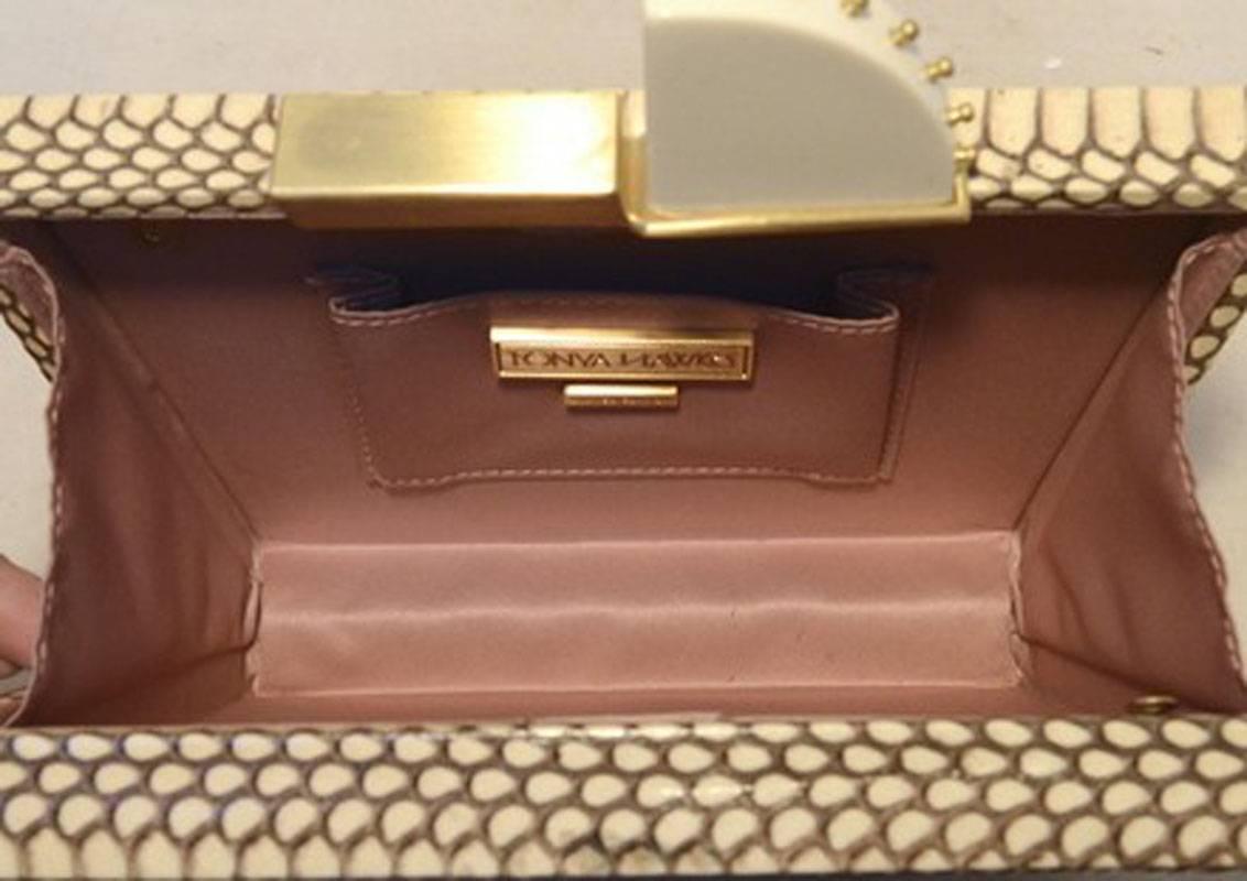 Tanya Hawkes Cream and Gold Box Clutch In Excellent Condition In Philadelphia, PA