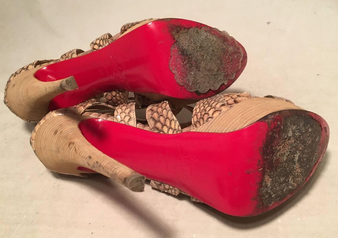 Brown Christian Louboutin Natural Tan Snakeskin Python Cut Out Stiletto Heels Size 38