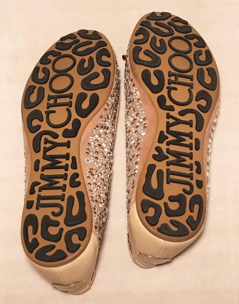 Jimmy Choo Nude and Gold Crystal Studded Ballet Flats Size 37.5 In Excellent Condition In Philadelphia, PA