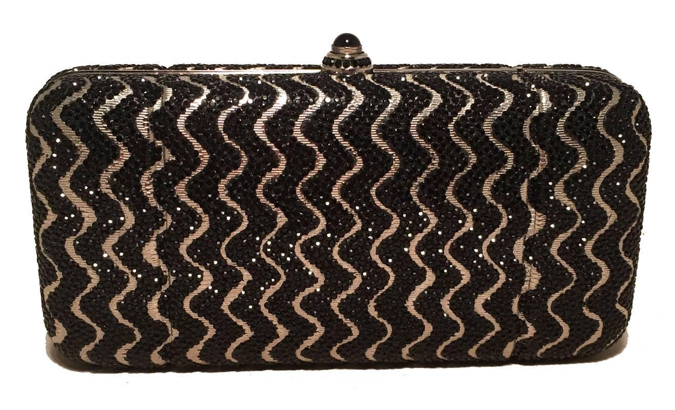 Judith Leiber Black and Silver Swarovski Crystal Minaudiere Evening Bag Clutch In Excellent Condition For Sale In Philadelphia, PA