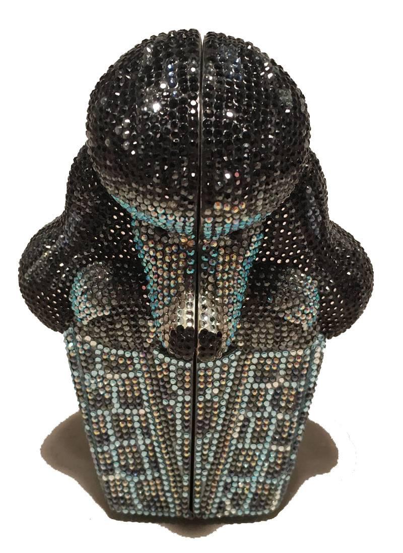Adorable Judith Leiber Swarovski Crystal Poodle Box Minaudiere Evening Bag Wristlet in excellent condition.  Blue, black, and grey Swarovksi crystal exterior in a unique leopard print poodle box shape.  Top button closure opens to a silver leather